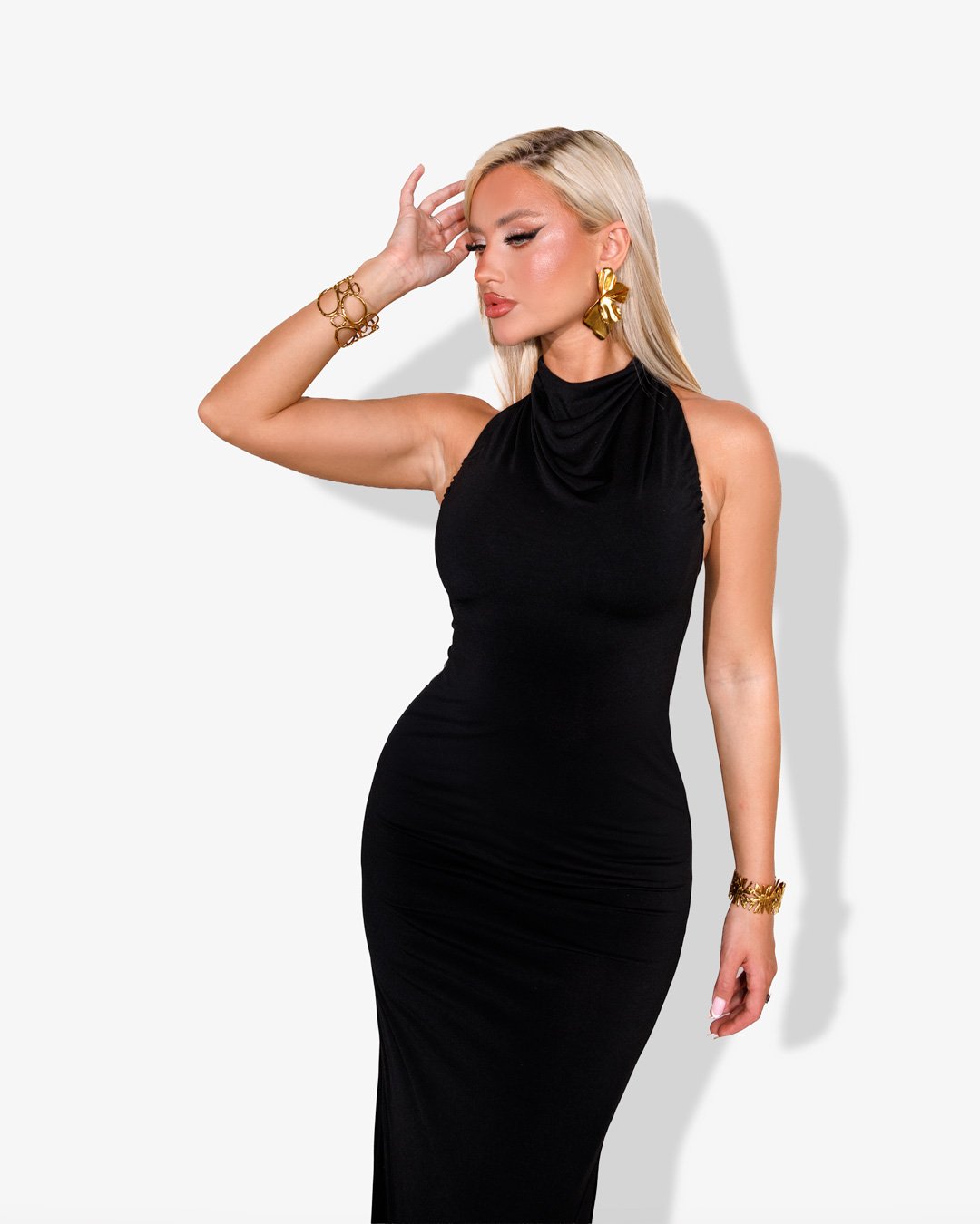Maxi multi-shape backless dress with adjustable drape and back ruffle |Black