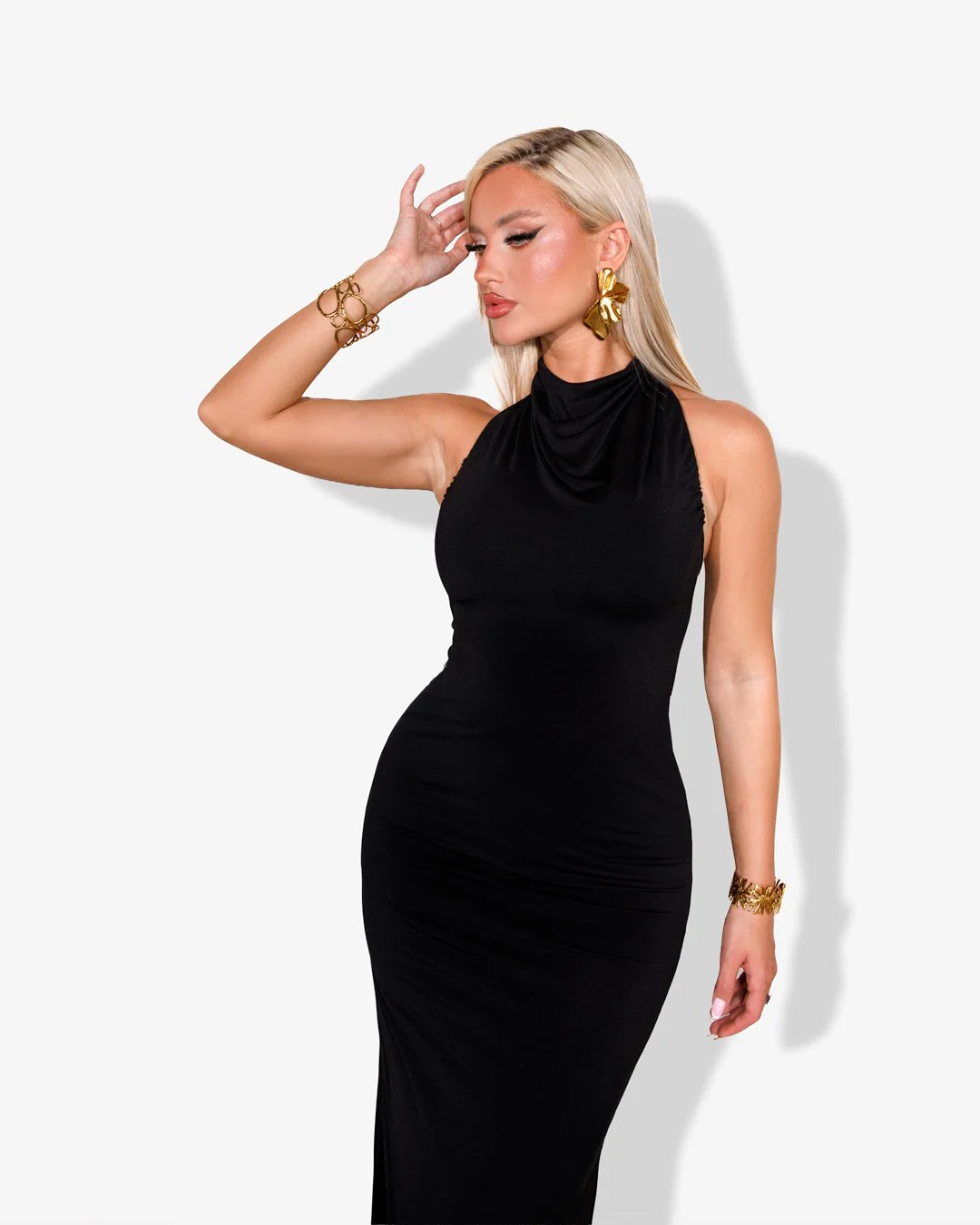 Maxi multi-shape backless dress with adjustable drape and back ruffle |Black