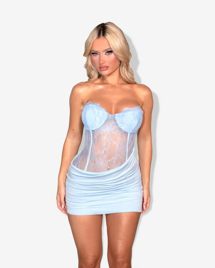 embellished asymmetric corset mini dress in light blue Size 6 Oh Polly Embellished Asymmetric Corset Mini Dress in Light Blue