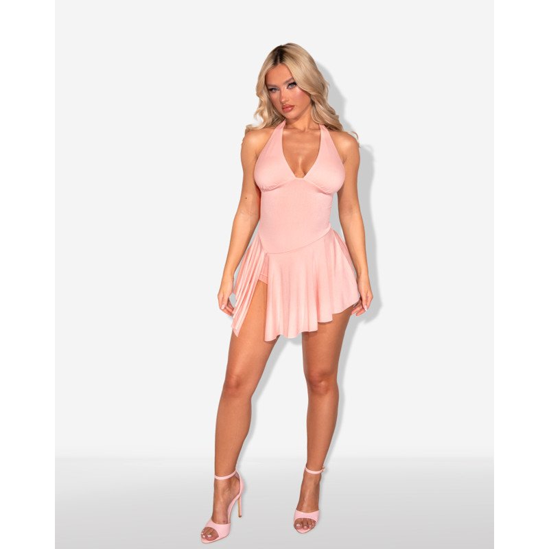Marmalady | Mini-dress halter με flowy ασσύμετρη φούστα, σκίσιμο και ενσωματωμένο σορτς| Ροζ