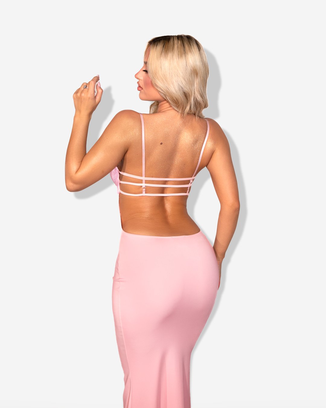 Maxi dress with lace bodice and strappy back detail |Pink