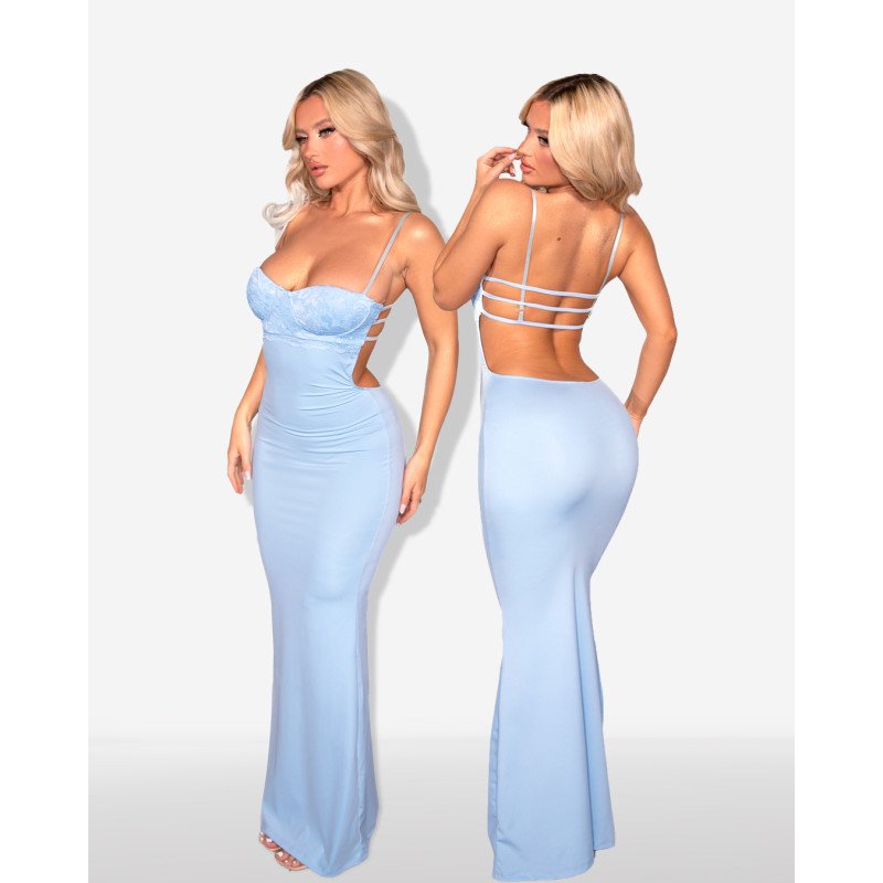 Marmalady | Maxi φόρεμα με μπούστο δαντέλα και strappy detail στην πλάτη |Sky Blue