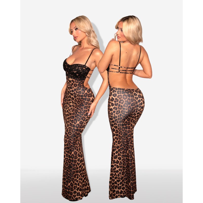 Marmalady | Maxi φόρεμα με μπούστο δαντέλα και strappy detail στην πλάτη animal print |Λεοπάρ Καφέ