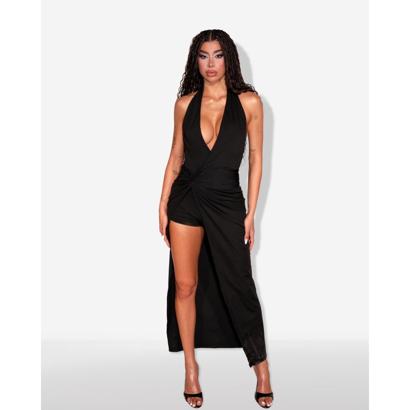 Marmalady | Maxi φόρεμα halter με ανοιχτή πλάτη, εσωτερικό σορτς και draped detail |Μαύρο