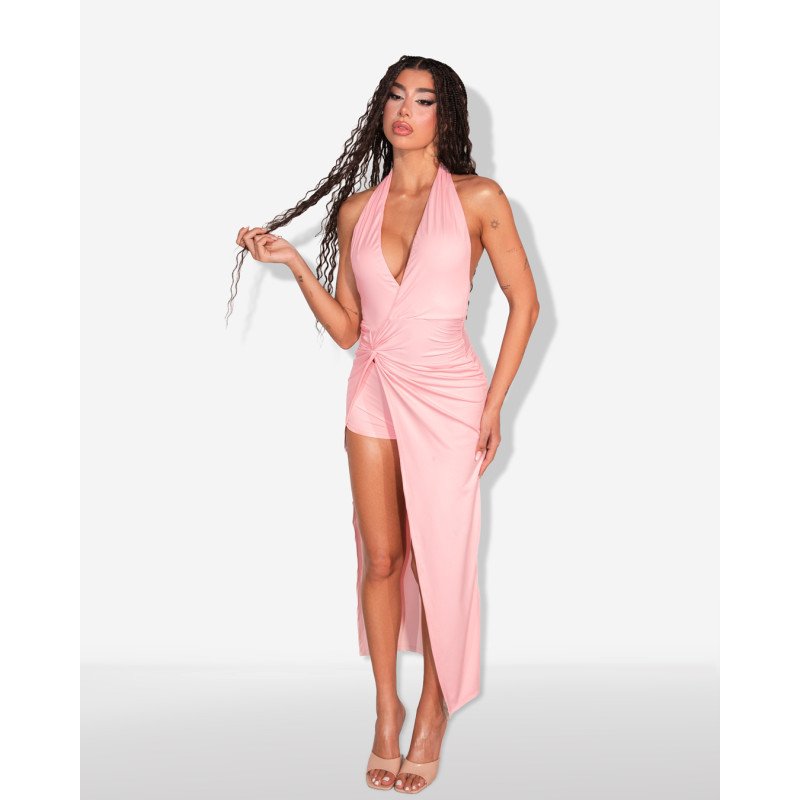Marmalady | Maxi φόρεμα halter με ανοιχτή πλάτη, εσωτερικό σορτς και draped detail |Ροζ