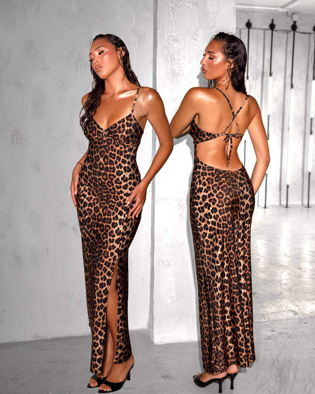 Maxi-dress backlees with a side slit | Leopard