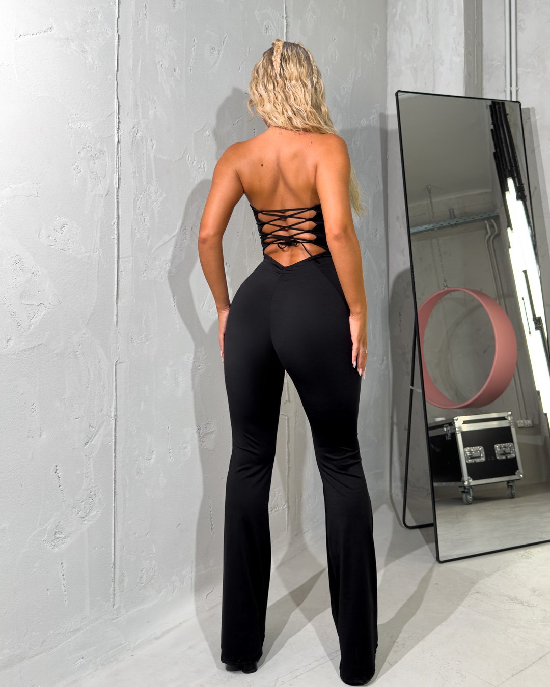 Strapless jumpsuit with lace up back| Black