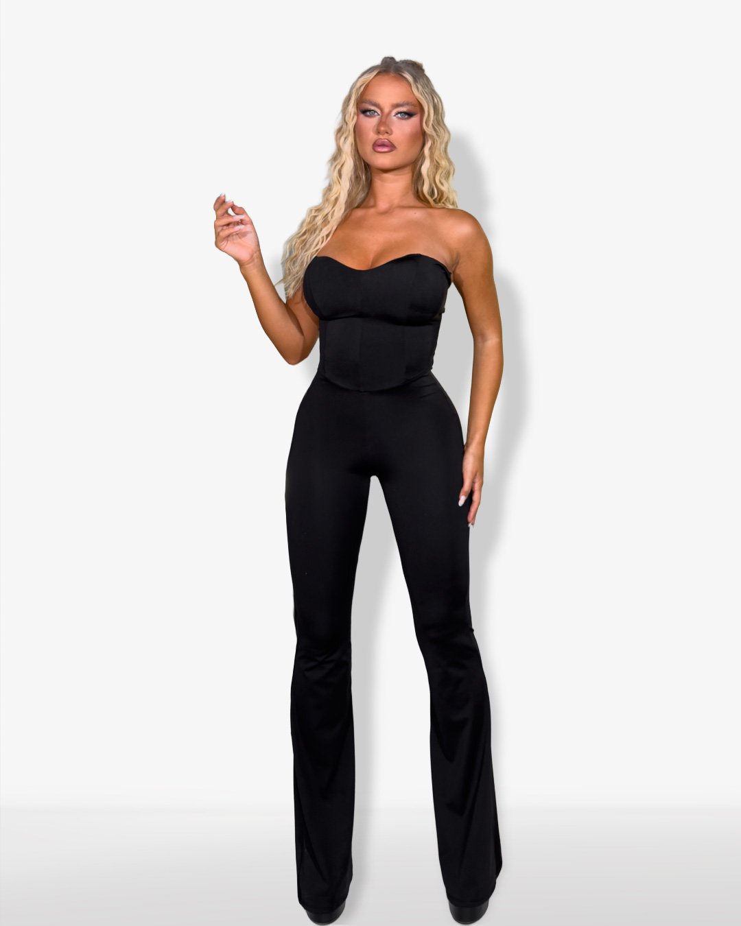 Strapless jumpsuit with lace up back| Black