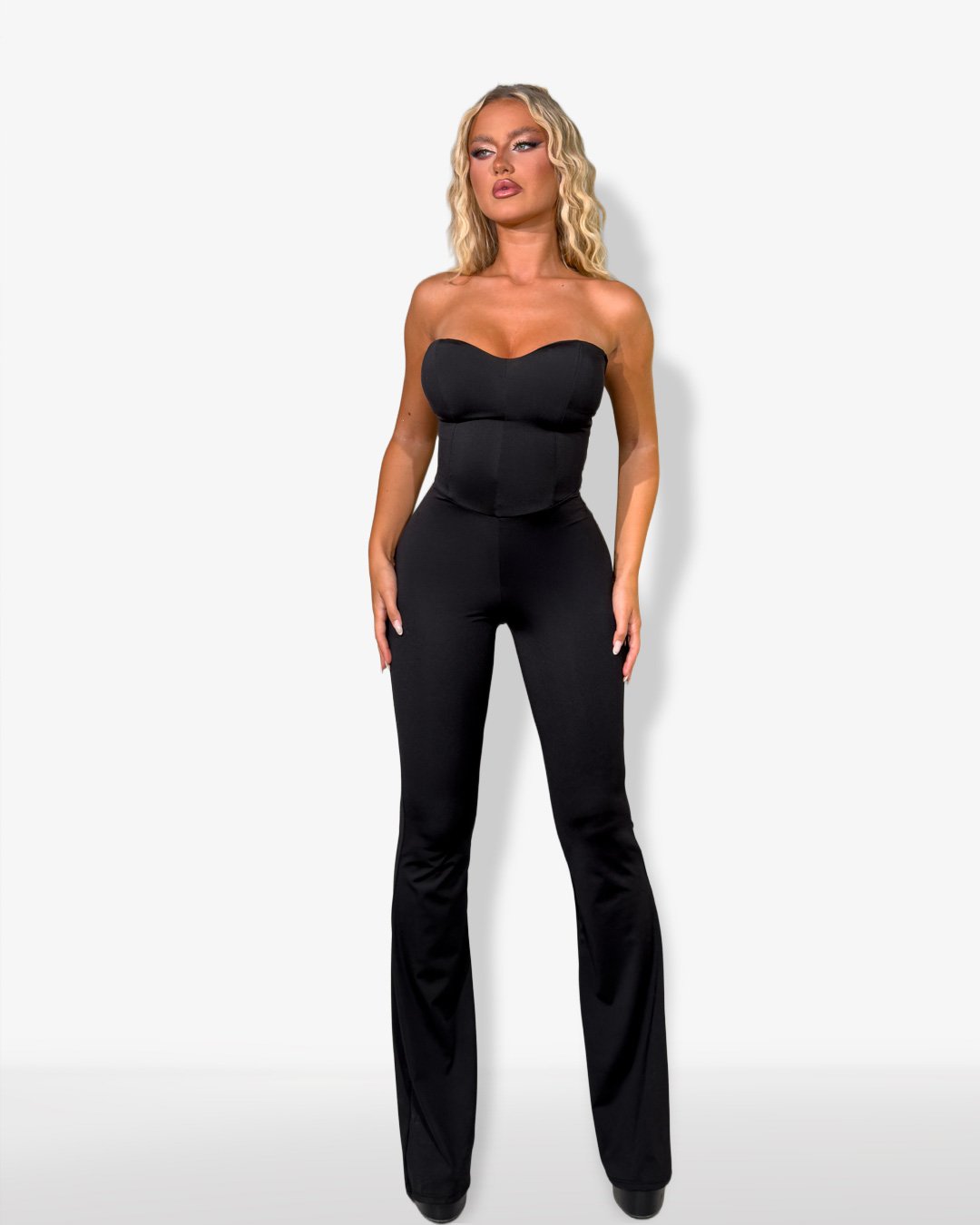 Strapless jumpsuit with lace up back| Black