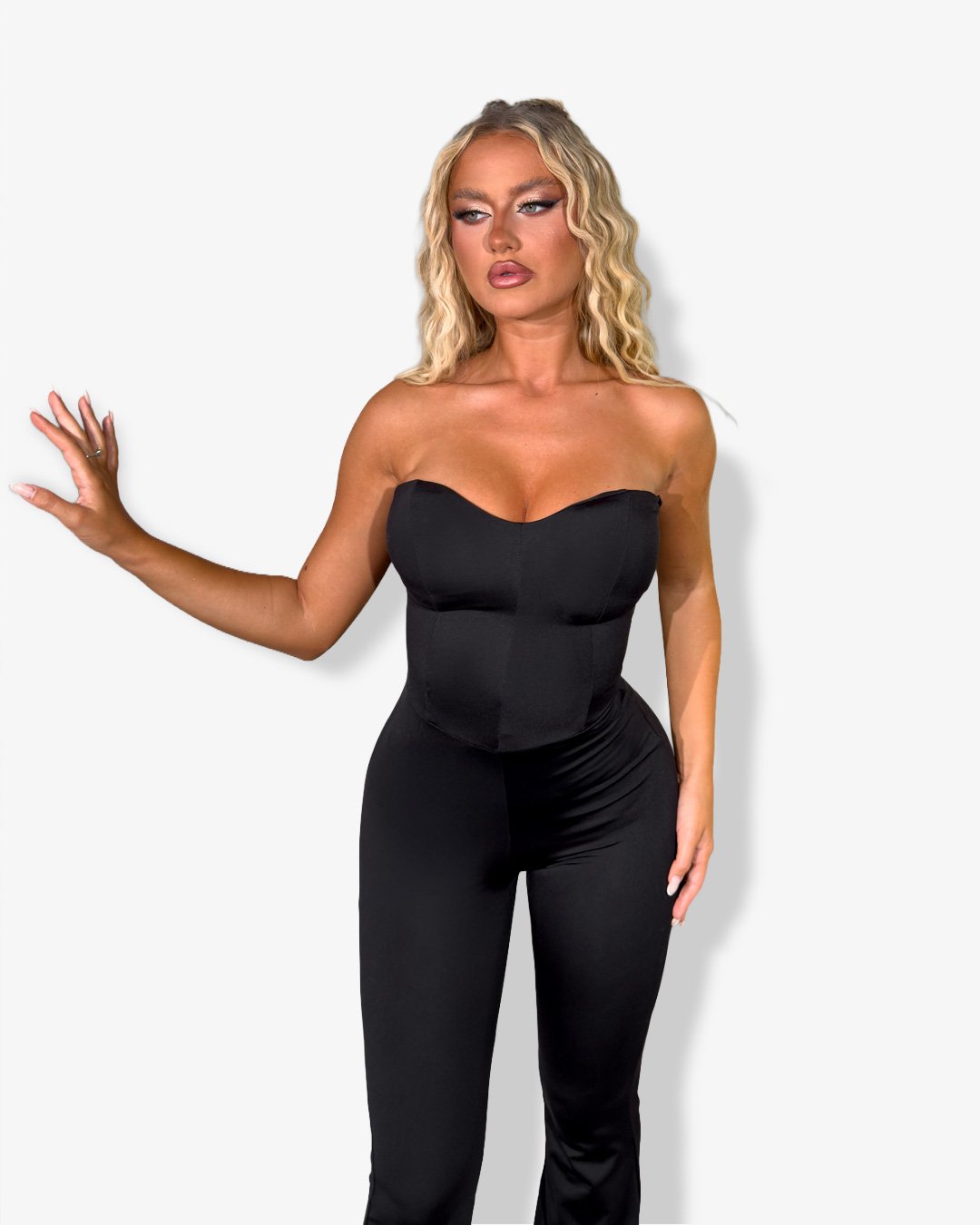 Strapless jumpsuit with lace up back| Black