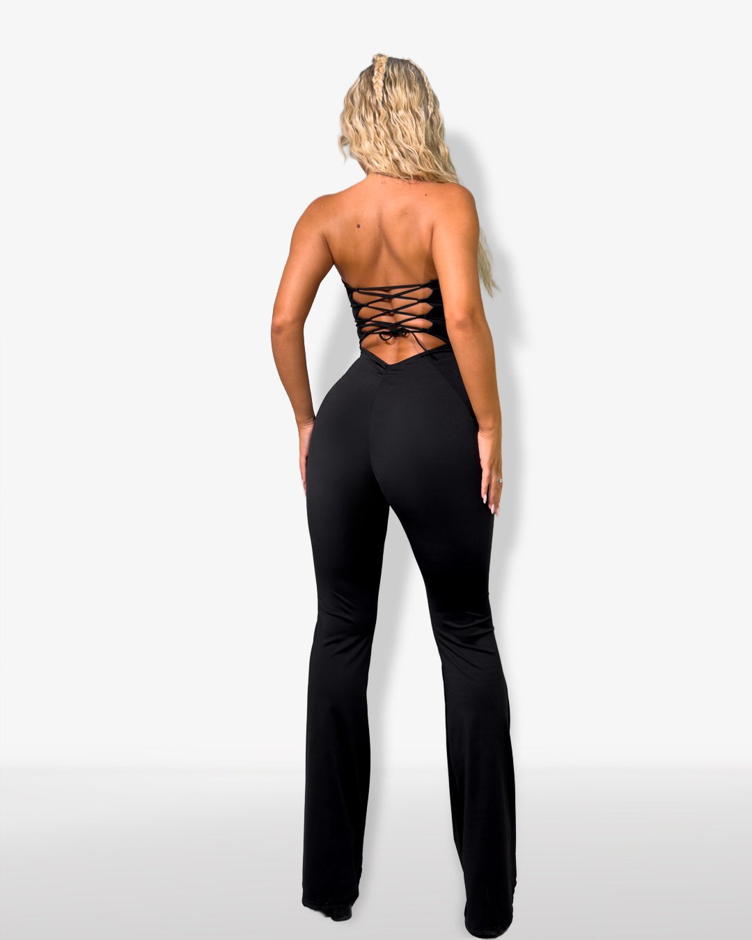Strapless jumpsuit with lace up back| Black