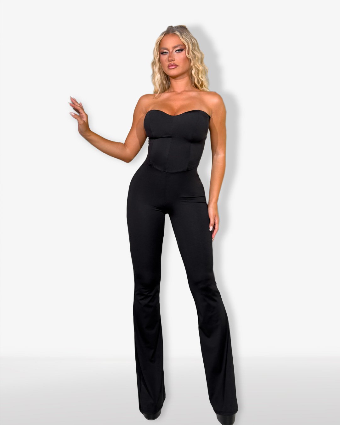Strapless jumpsuit with lace up back| Black