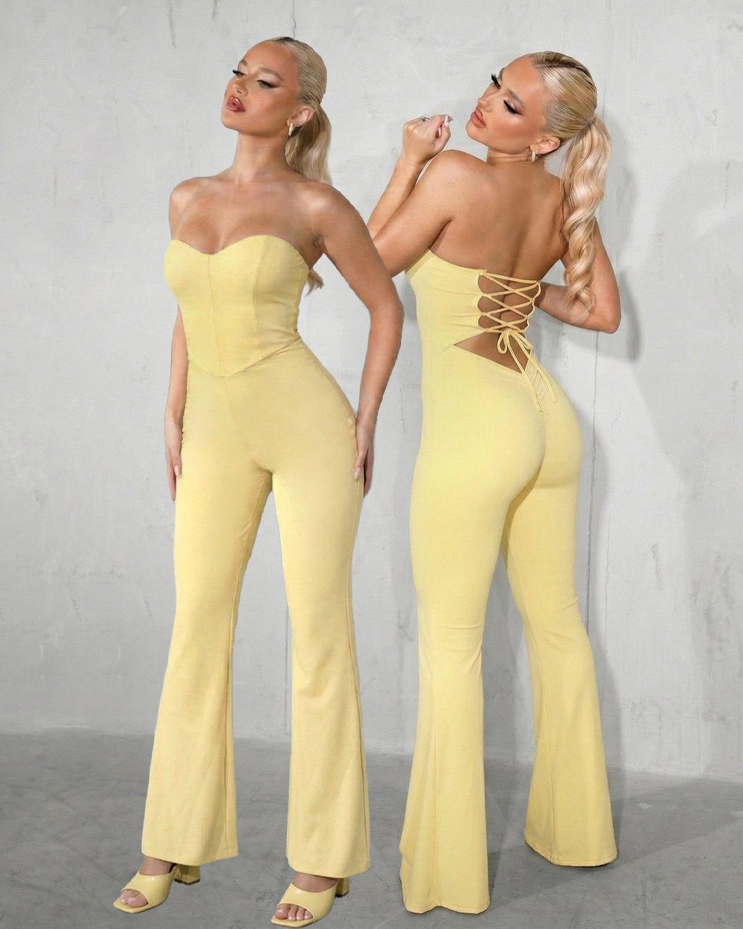 Strapless jumpsuit with lace up back| Yellow