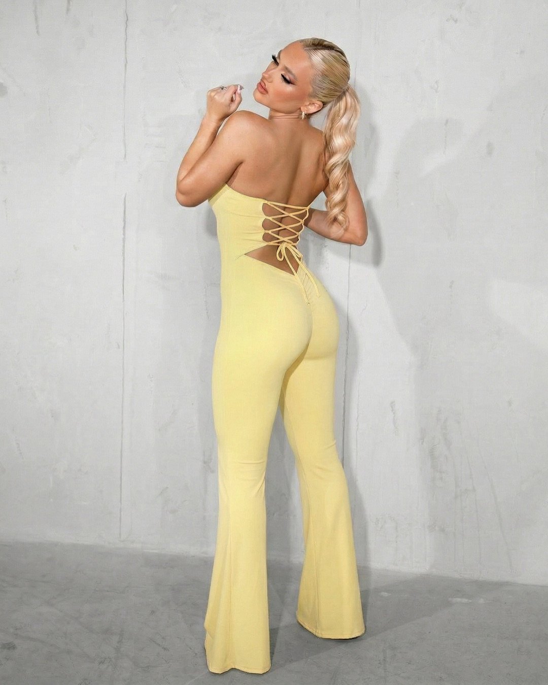 Strapless jumpsuit with lace up back| Yellow