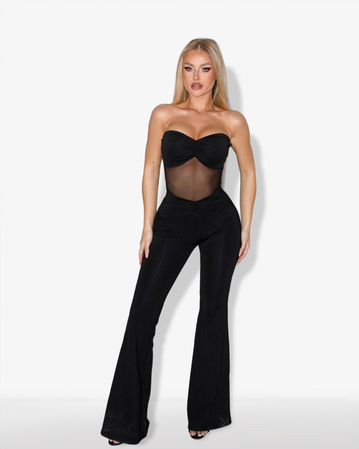 Flared strapless-jumpsuit