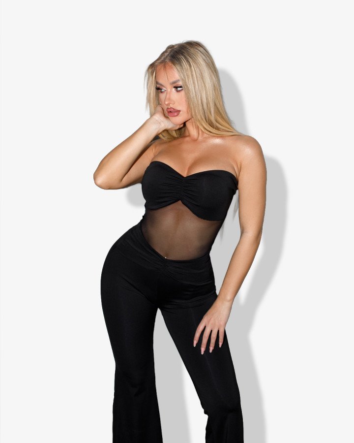 Flared strapless-jumpsuit