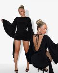 Backless draped playsuit with side pareo |Black
