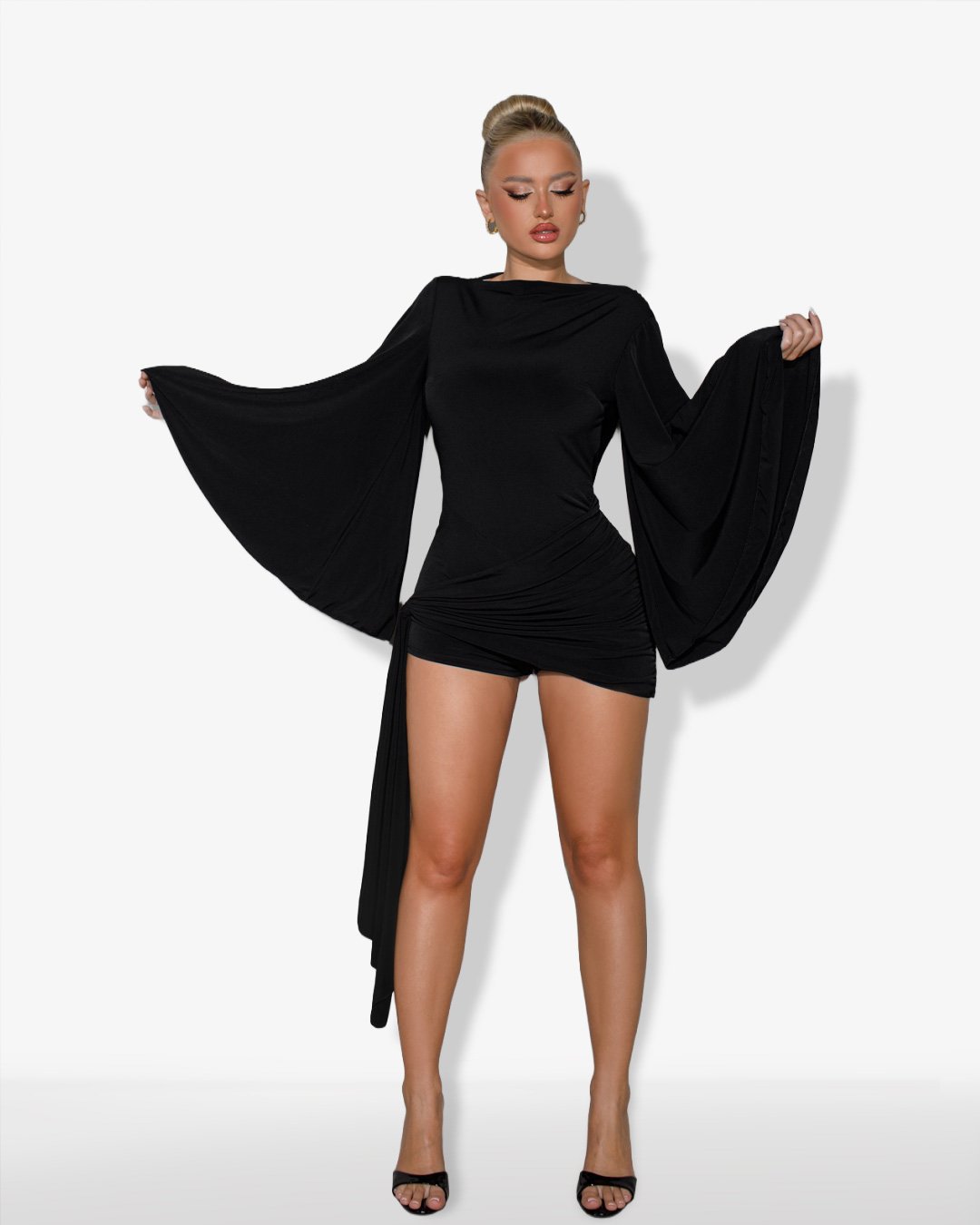 Backless draped playsuit with side pareo |Black