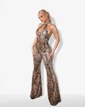 Halter jumpsuit flared backless with teardrop opening at the bust |Snake Print Beige