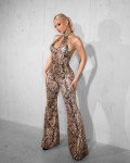 Halter jumpsuit flared backless with teardrop opening at the bust |Snake Print Beige