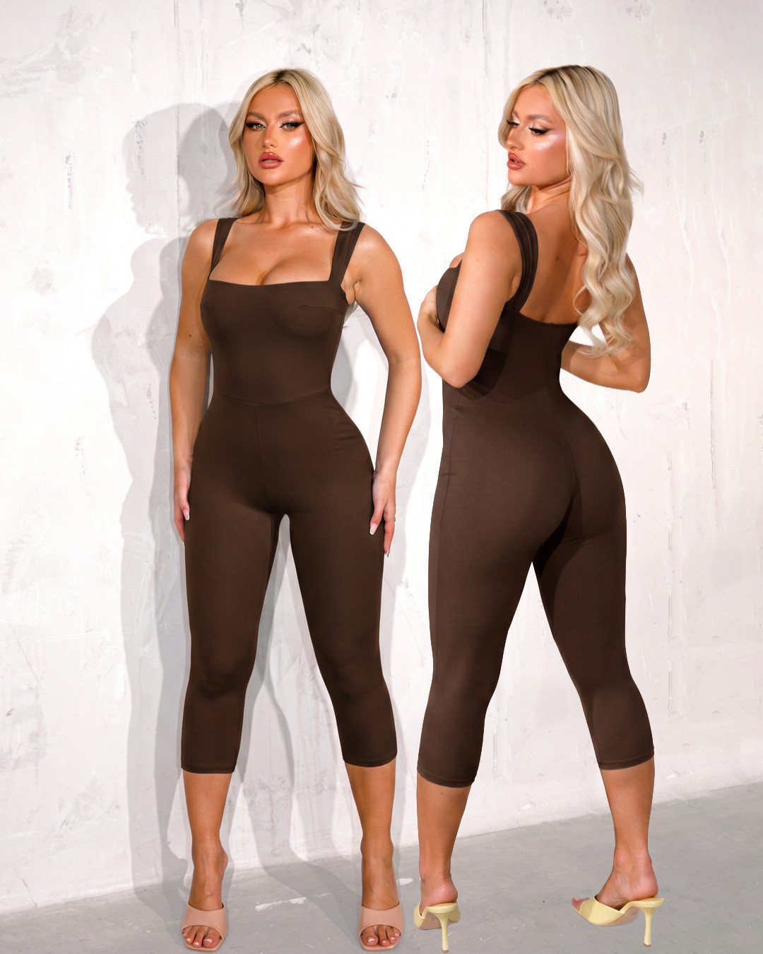 Capri jumpsuit with wide straps and square neckline | Brown