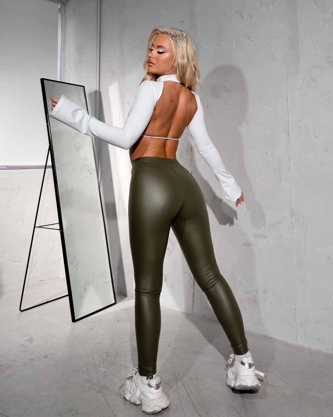 Faux-leather leggings high waisted |Khaki