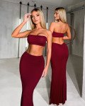 Σετ 2(pcs) crop τοπ και maxi φούστα με σούρα πίσω|Μπορντό Σετ 2(pcs) crop τοπ και maxi φούστα με σούρα πίσω|Μπορντό