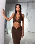 Σετ (2pcs) crop τοπ και maxi φούστα με κρίκο| Καφέ Σετ (2pcs) crop τοπ και maxi φούστα με κρίκο| Καφέ