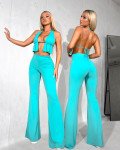 Σετ 2(Pcs) crop top με ανοιχτή πλάτη και παντελόνα καμπάνα|Τιρκουάζ