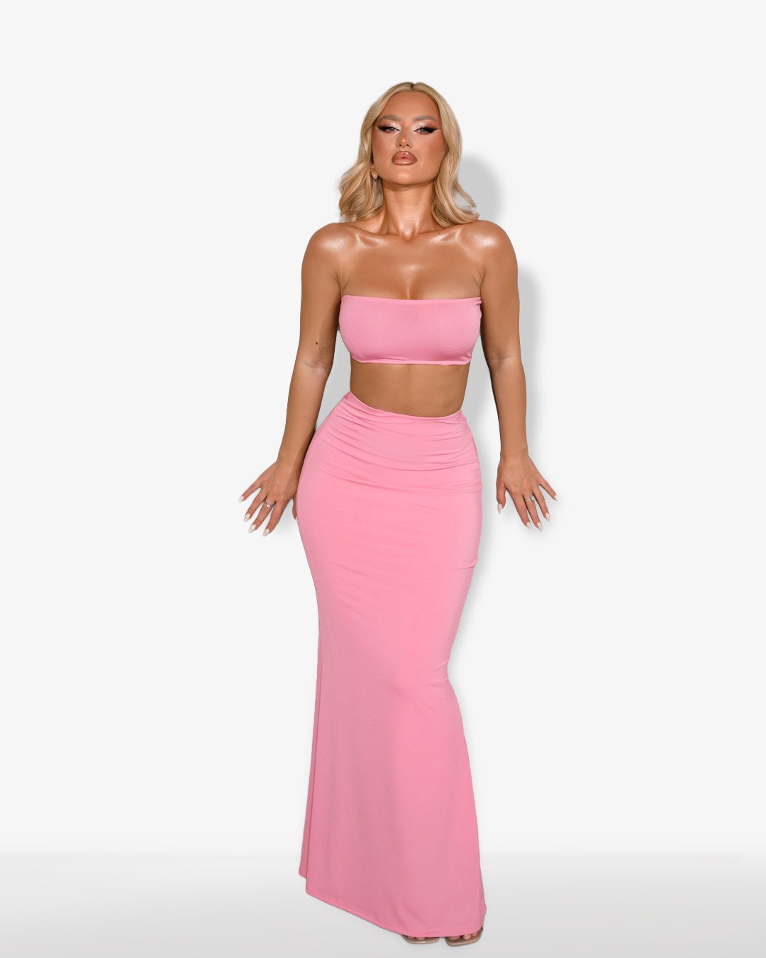 Set 2(pcs) crop top and maxi skirt with ruched back|Pink