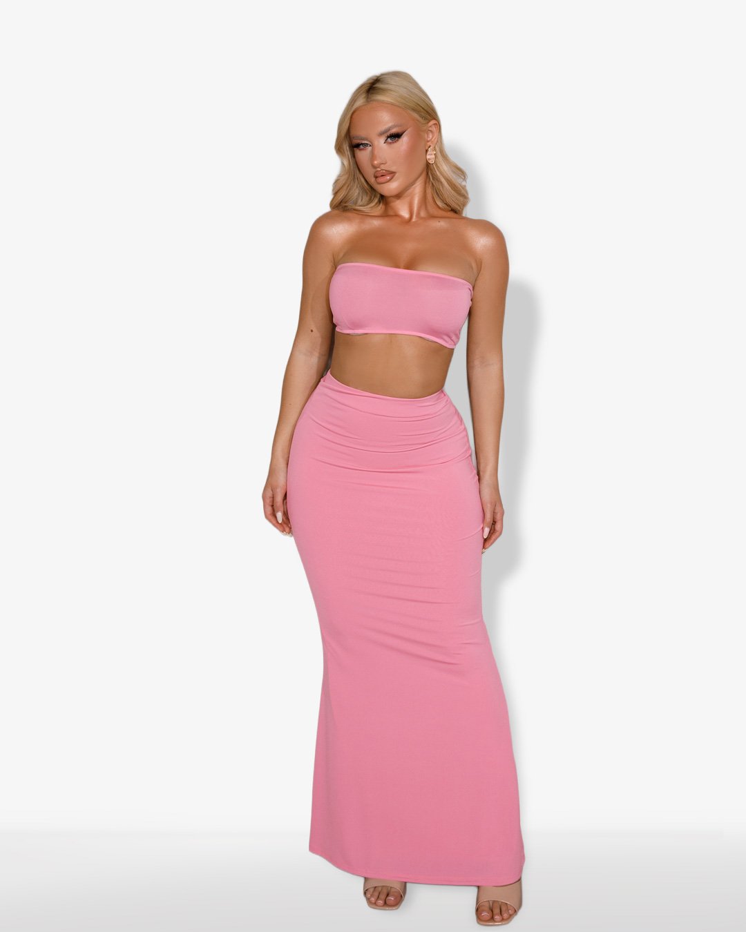 Set 2(pcs) crop top and maxi skirt with ruched back|Pink