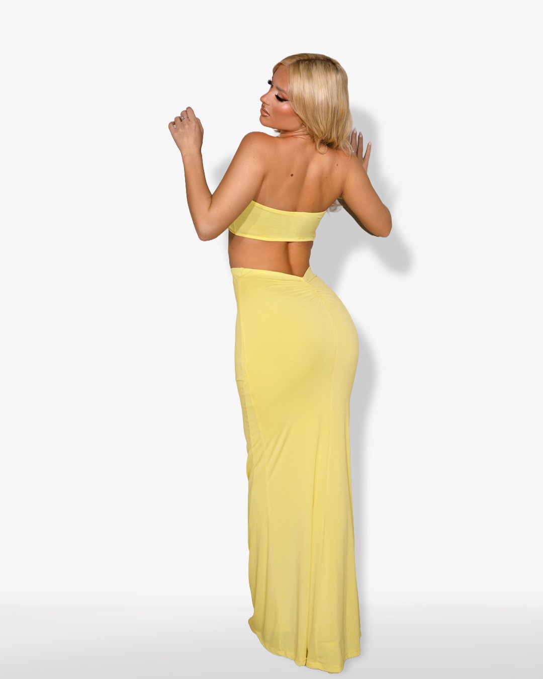 Set 2(pcs) crop top and maxi skirt with ruched back|Yellow