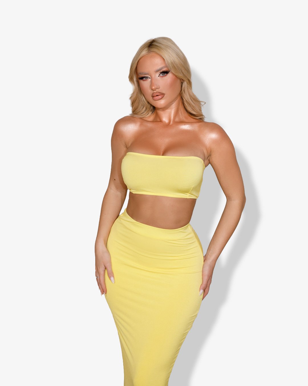 Set 2(pcs) crop top and maxi skirt with ruched back|Yellow