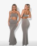 Set 2(pcs) crop top and maxi skirt with ruched back|Taupe
