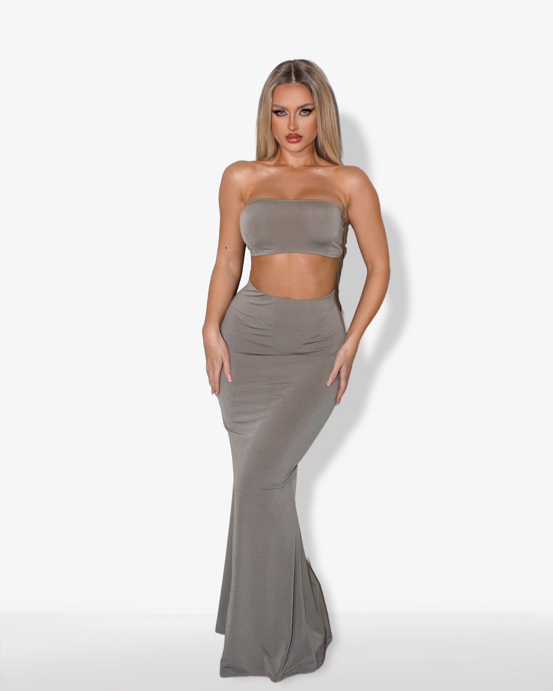 Set 2(pcs) crop top and maxi skirt with ruched back|Taupe