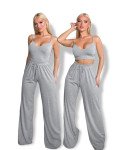 Set of 2(Pcs) wide leg pants with tie detail and thin-strap top |Grey