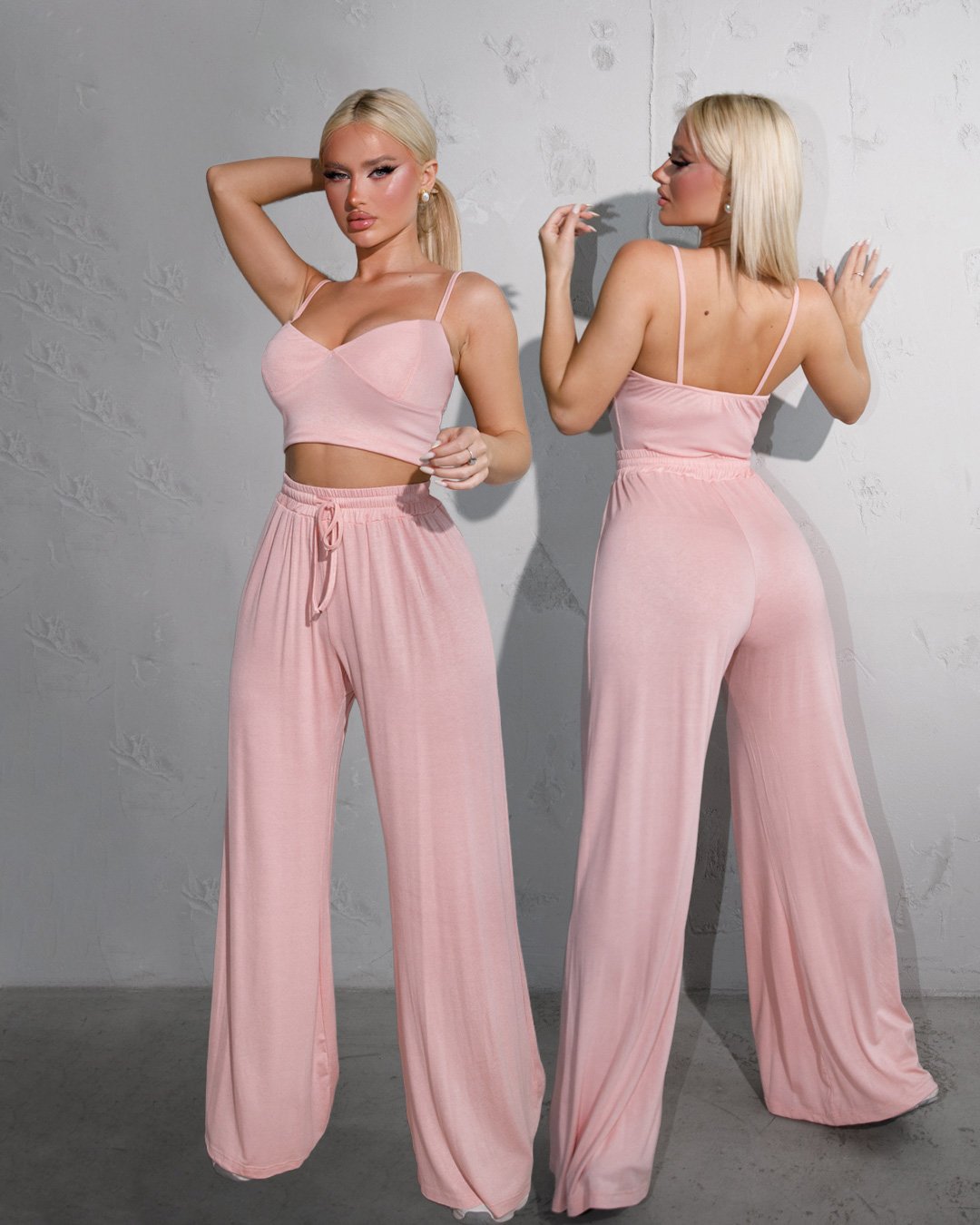 Set of 2(Pcs) wide leg pants with tie detail and thin-strap top |Pink