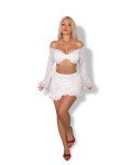 Set 2(pcs) soft-ruffle mini skirt and long sleeve off-shoulder crop top | White