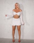 Set 2(pcs) soft-ruffle mini skirt and long sleeve off-shoulder crop top | White