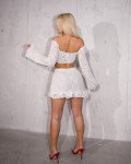 Set 2(pcs) soft-ruffle mini skirt and long sleeve off-shoulder crop top | White