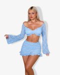 Set 2(pcs) soft ruffle mini skirt and long sleeve off-shoulder crop top | Sky Blue