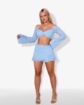 Set 2(pcs) soft ruffle mini skirt and long sleeve off-shoulder crop top | Sky Blue