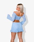 Set 2(pcs) soft ruffle mini skirt and long sleeve off-shoulder crop top | Sky Blue