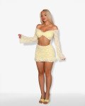 Set 2(pcs) soft ruffle mini skirt and long sleeve off-shoulder crop top | Yellow