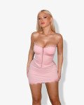 Set (2pcs)mini skirt & strapless top with concealed closure and lace detail | Pink