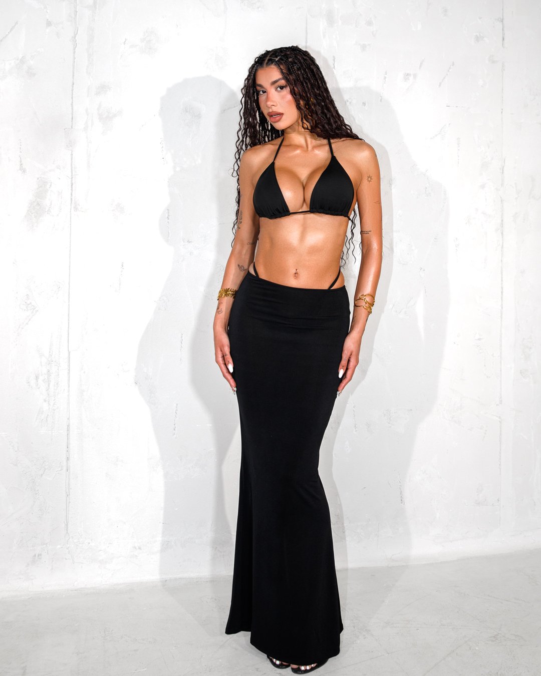 Set 2(pcs) crop-top with tie and maxi skirt |Black