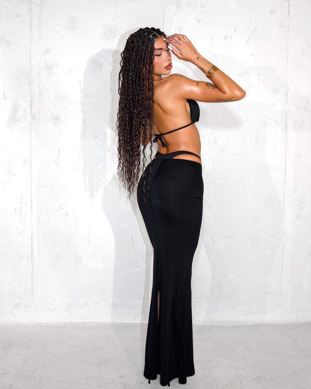 Set 2(pcs) crop-top with tie and maxi skirt |Black