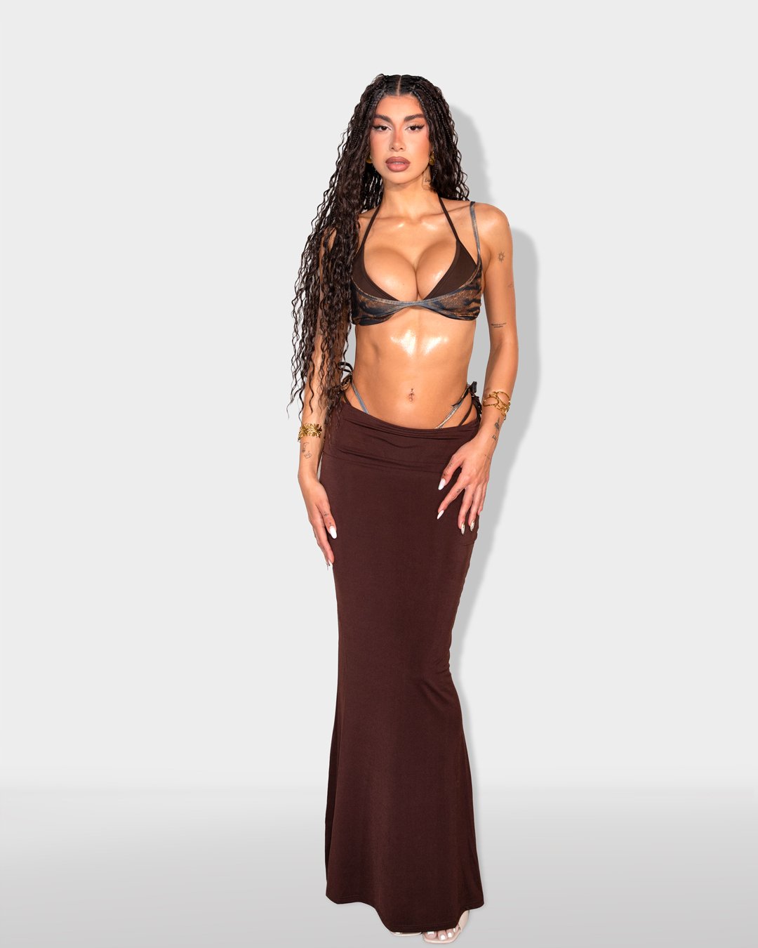 Set 2(pcs) crop-top with tie and maxi skirt |Brown