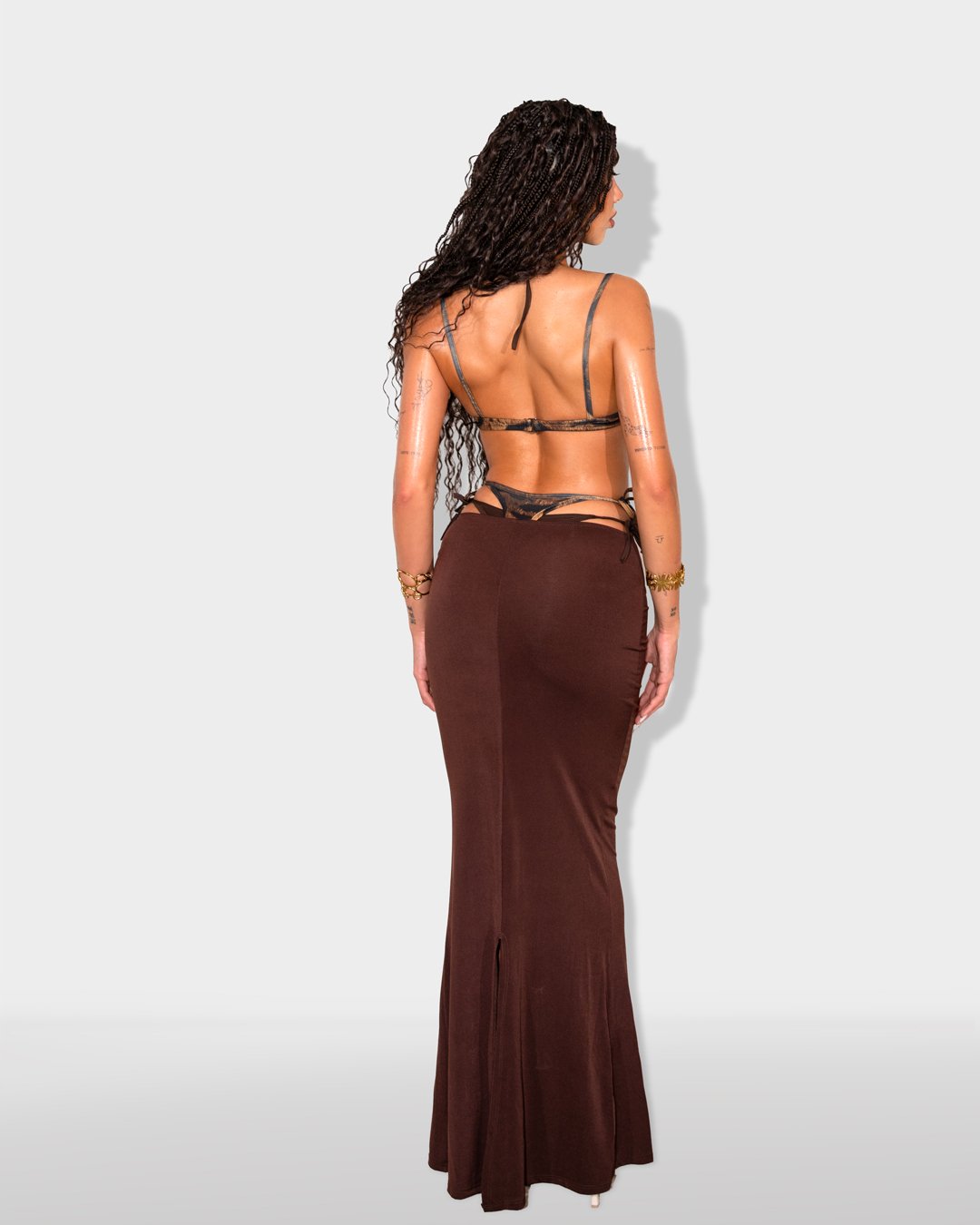 Set 2(pcs) crop-top with tie and maxi skirt |Brown