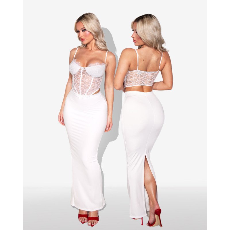 Marmalady | Set 2 (pcs) lace corset top με column maxi φούστα και σκίσιμο πίσω |Λευκό